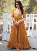 Faux Georgette Mustard Party Wear Embroidery Work Readymade Gown